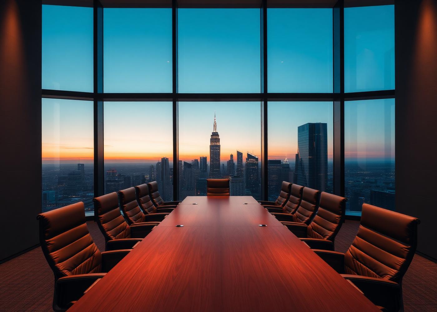 Executive boardroom overlooking a city skyline